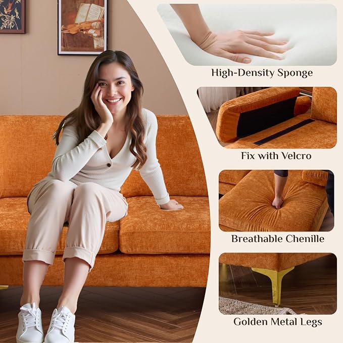 Karl home Convertible Sectional Sofa 110 U-Shape Sofa Couch 4-Seat Couch with Chaise ChenilleFabric Upholstered for Living Room Apartment Office Orange