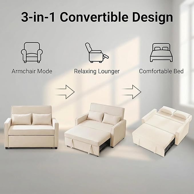 Furnimart Convertible 3-in-1 Sofa Bed with Adjustable Backrest Metal Frame Pull Out Couch Loveseat Sleeper Linen Sleeper Sofa for Living Room Apartment Small Space (Beige)
