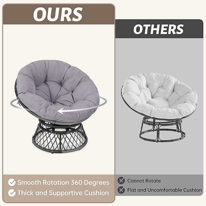 40 Ergonomic Wicker Papasan Chair 360° Swivel Indoor Outdoor Rattan Chair with Soft Thick Cushion Ideal for Living Room Bedroom Reading Room Grey Frame with Light Grey Cushion