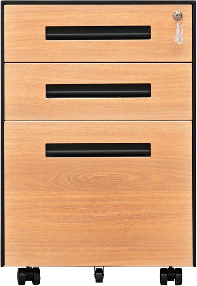 Generic 3 Drawer Mobile File Cabinet with Lock Steel File Cabinet for LegalLetterA4F4 Size Fully Assembled Include Wheels Home Office Design Walnut+black