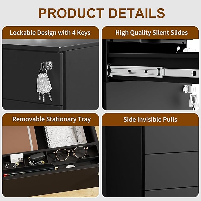 3 Drawers File Cabinet with 3 Lock Mobile Metal Filing Cabinet Fully Assembled Except Casters for Home Office for A4 Letter Legal File Folders Black