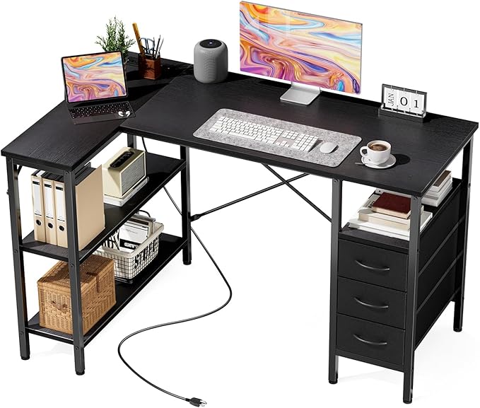 DUMOS L Shaped Desk with Shelf Drawers 47 Inch Black Corner Computer Desks Gaming with Power Outlet Study Table with Adjustable Shelves Home Office Tables for Bedroom Teacher Reading Writing