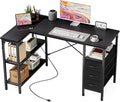 DUMOS L Shaped Desk with Shelf Drawers 47 Inch Black Corner Computer Desks Gaming with Power Outlet Study Table with Adjustable Shelves Home Office Tables for Bedroom Teacher Reading Writing
