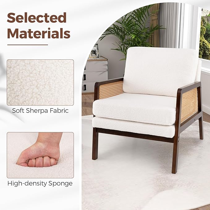 Giantex Mid Century Modern Accent Chair Set of 2 Boho Boucle Living Room Arm Chair w/Rattan Arms Wooden Frame Thick Cushion Pillow Sherpa Reading Side Chair for Bedroom Balcony Brown + Beige