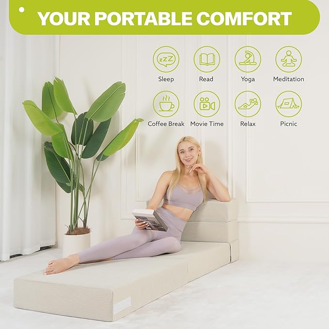 Folding Sofa Bed 4 in 1 Convertible Fold Out Single Chair Bed with Pillow Memory Foam Futon Chair Foldable Futon Couch Foldable Sofa Mattress for Living Room Bedroom Guest Room Beige