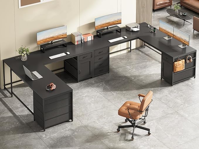 Sedeta SEDETA L Shaped Desk 63'' Computer Desk with 5 Drawer &amp Power OutletLong Home Office Desk or Corner Desk L Shaped Corner Desk with Monitor Shelf Storage Cabinet Black