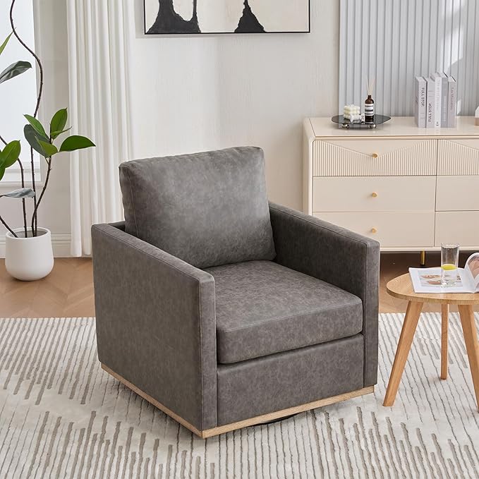 360° Swivel Accent Chair Square Modern Comfy Chair with Metal Base &amp Thicked Cushion Upholstered Lounge Reading Armchair Cozy Cloud Sofa Chairs for Living Room Bedroom Office Club(PU Gray)