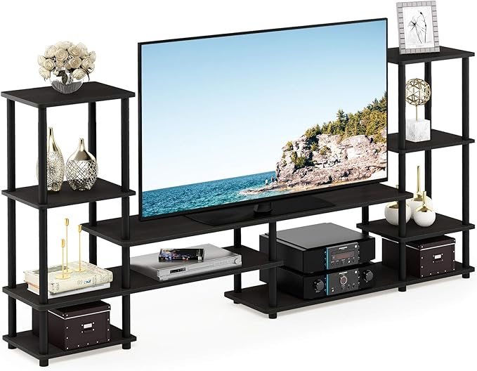 Furinno TURN-N-TUBE TV Stand Wide Open Frame Entertainment Center with Open Shelves Storage TV Console with Tall Side Shelves for TV up to 48 Inch for Living Room Bedroom Espresso