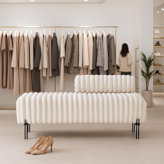 49.6'' Loveseat Sofa Modern Faux Fur 2-Seater Couch with Adjustable Backrest Comfy Bench for Entryway End of Bed Boutique Dressing Room Bedroom (Beige).