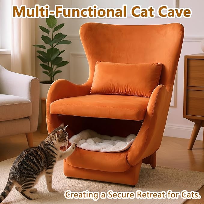 Orange Accent Chair with Curved Arms Velvet Upholstered Wingback Chair with Lumbar Pillow Comfy Reading Chair with Cat House for Bedroom Living Room 300 LBS Capacity (B)
