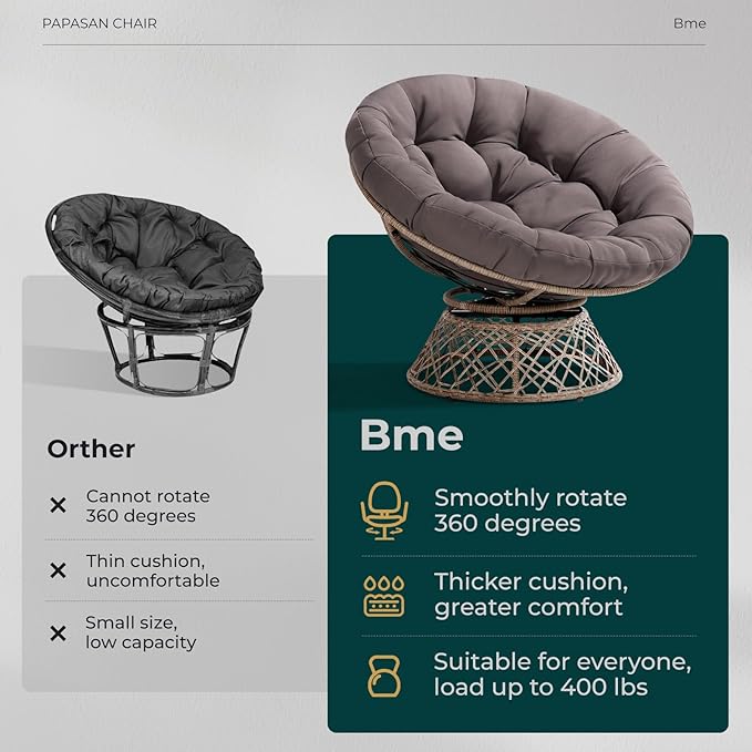 Bme 40 Ergonomic Wicker Papasan Chair with Soft Thick Cushion &amp Frame 360° Swivel Circle Reading Comfy Chair for Living Room Bedroom