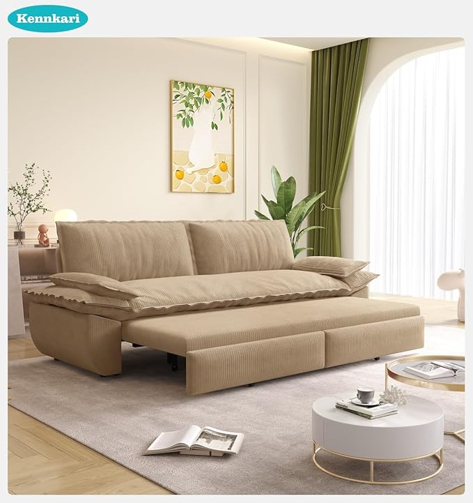 73.2 Queen Size 3-in-1 Convertible Pull Out Sofa Bed with Wheels Multi-Functional Velvet Loveseat Bed for Living Room and Bedroom (Camel)