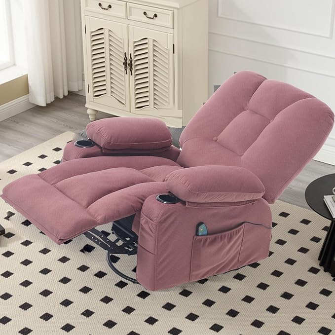 Rocker Recliner Chairs for Adults Swivel Recliners with Massage and Heat Fabric Overstuffed Glider with Cup Holder Rocking Nursery Chair Manual Reclining Single Sofa for Living RoomPink
