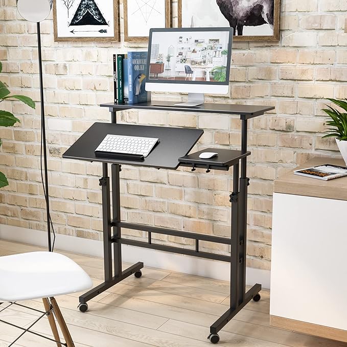 DlandHome Computer Desk Adjustable Rolling Desk Standing Desk 31.5L x 23.6W x 26.4-45.3H inch Black
