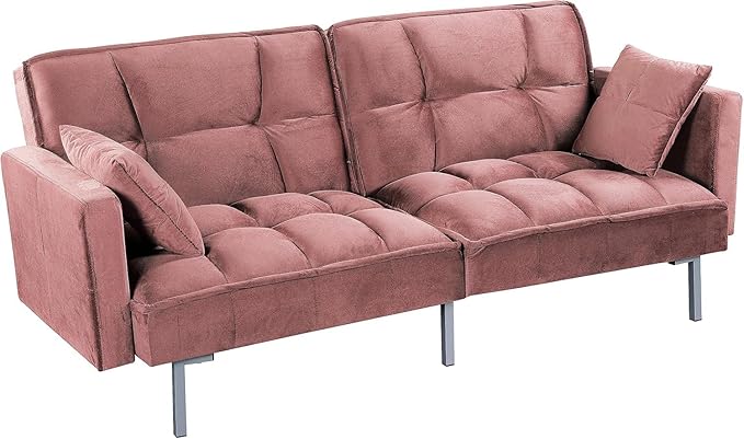Regal 75.6 Velvet Convertible Sofa Bed - Mid-Century Sleeper Couch w/Tufted Design &amp Metal Legs - Pull-Out Futon for Guests/Home (75.6 W x 34.6 D x 32 H) Rose