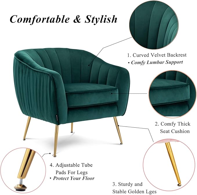 Artechworks Velvet ModernTub Barrel Arm Chair Upholstered Tufted with Golden Legs Accent Club Chair for Living Reading Room Bedroom Green