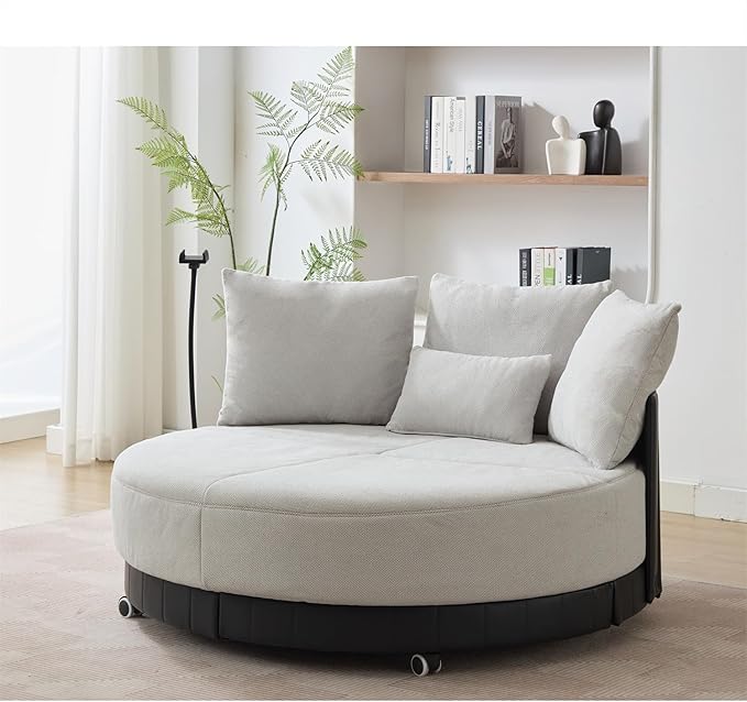 Polibi 52.75 Round Swivel Barrel Chair with Phone Holder and 360°Rotating Pulley Polyester Upholstered Chaise Lounge Oversize Single Sofa Chair for Living Room Bedroom Grey