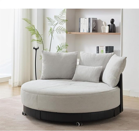 Polibi 52.75 Round Swivel Barrel Chair with Phone Holder and 360°Rotating Pulley Polyester Upholstered Chaise Lounge Oversize Single Sofa Chair for Living Room Bedroom Grey