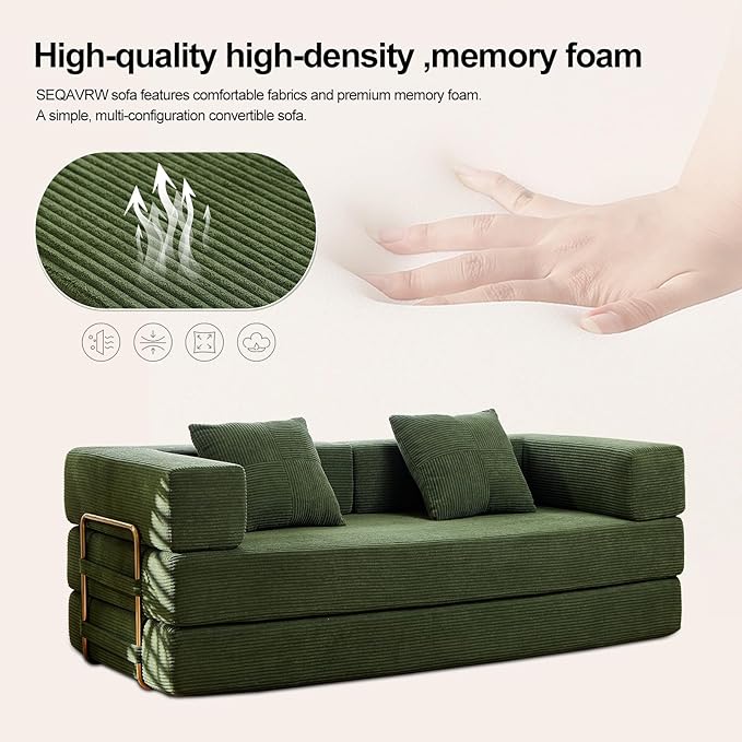 79 Boneless Sofa Bed 5-in-1 No-Assembly Convertible Sleeper Couch with Fixed Frame Armrests Modular Corduroy Futon Compressed in a Box for Space Saving (Green Includes 2 Pillows)
