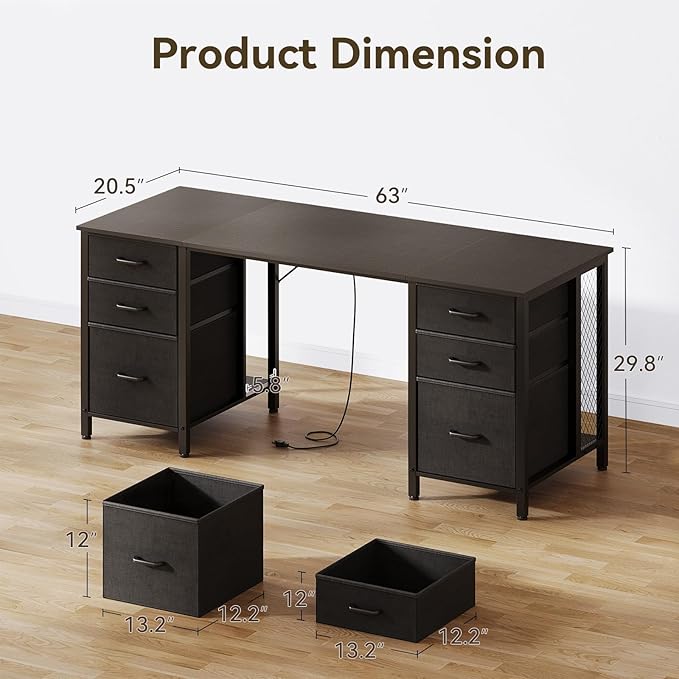 ODK 63 Inch Office Desk with 6 Fabric Drawers Large Computer Desk for Home Office with Hidden Storage Shelves Black