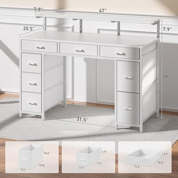 HLDIRECT 47 inch Computer Desk with 8 Storage Drawers Gaming Desk with LED Lights &amp USB Power Outlets Home Office Table with Monitor Stand Study Writing Work Table for Bedroom White