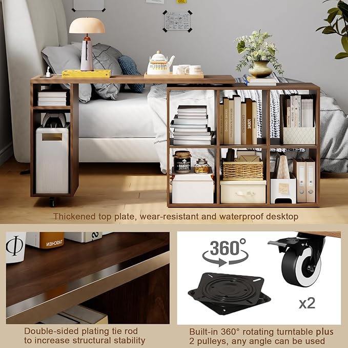 L-Shaped Desk with Storage–Small Study Table with Charging Station Rotating Writing Desk &amp Corner Computer Desk for Home Office 67” Long Bed Side Table（Oak）