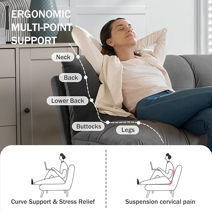 Convertible Futon Double Sofa Bed2 in 1 with Adjustable Backrest Memory Foam Loveseat for Living Room Bedroom Office Apartment Compact Sofa(Grey)
