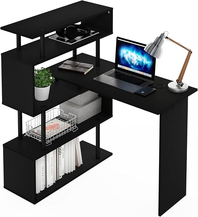 Furinno Moore L-Shape Computer Desk with 5-Tier Shelves Americano