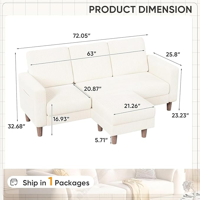 Homall Convertible Sectional Sofa 3 Seat L Shaped Couch with Side Storage Pocket Sofas with Movable Ottoman Corduroy Small Couches for Living Room &amp Apartment (Corduroy Beige)