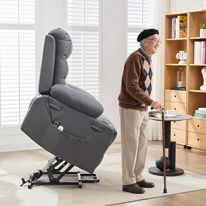 GarveeHome Power Lift Recliner Chair for Elderly Oversized Electric Lift Chair with Heat and Massage PU Leather Adjustable Recliner with Cup Holders &amp Side Pocket for Living Room Gray