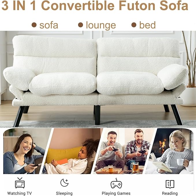 White Modern Teddy Velvet Convertible Folding Futon Couch Sofa Bed Adjustable Pillow Top Arm Memory Foam Couch Double Love Seat Sofa for Compact Space Dorm Apartment Bedroom Loveseat (White)