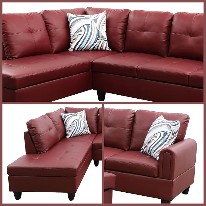 L Shaped Couch Sectional Couches with Chaise 3 Pieces Modular Convertible Sofa for Living Room Furniture Sets and Small Apartment Faux Leather Ruby
