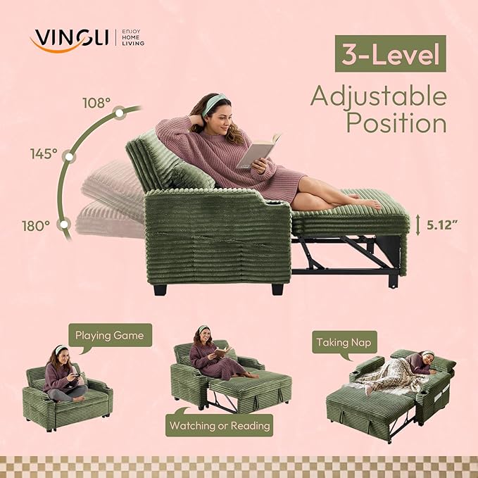 VINGLI Green Futon Sofa Bed Convertible Loveseat Sleeper Sofa Couch Corduroy Pullout Sofa Fold Out Couch Bed with USB Ports Cup Holders Armrest for Living Room Bedroom Apartment Room | Lveseat Sle