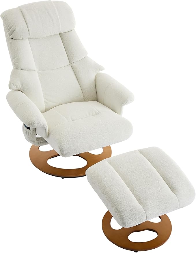 Chenille Massage Recliner Chair with Ottoman Heated Swivel Lounge Chair with Footstool 5-Point Vibration Massage 140° Adjustable Backrest for Living Room Bedroom Office (White)