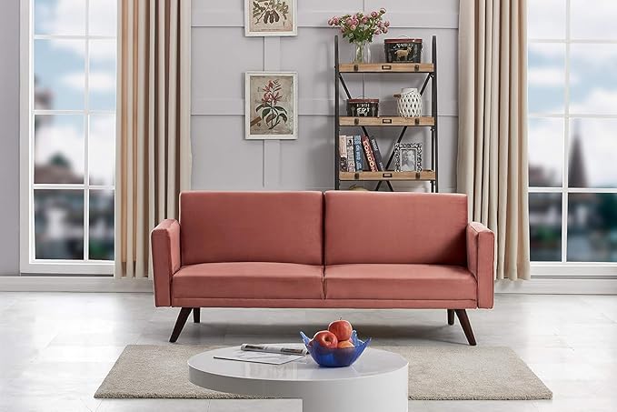 72 Retro Velvet Sofa Bed - Vintage Modern Convertible Futon w/Reclining Backrest - Velvet Upholstery on Solid Wood Frame (72 L x 34.6 W x 30.23 H) Rose