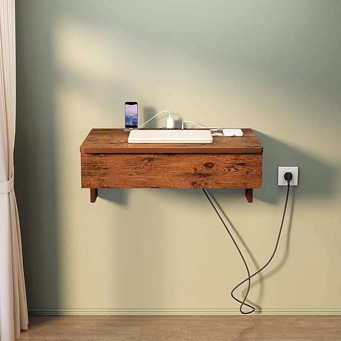 Wall Mounted Table with Power Outlets 28.4 W x 19.7 D Floating Table with Storage Drawers for Small Spaces Writing PC Desk with Headphone Hook for Home Office Brown (Brown)