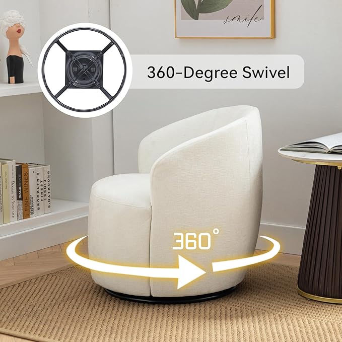 360 Degree Swivel Accent Chair Modern Barrel Vanity Chair with Back Comfy Single Circle Couch for Living Room Bedroom Reading Nook (Chenille White)