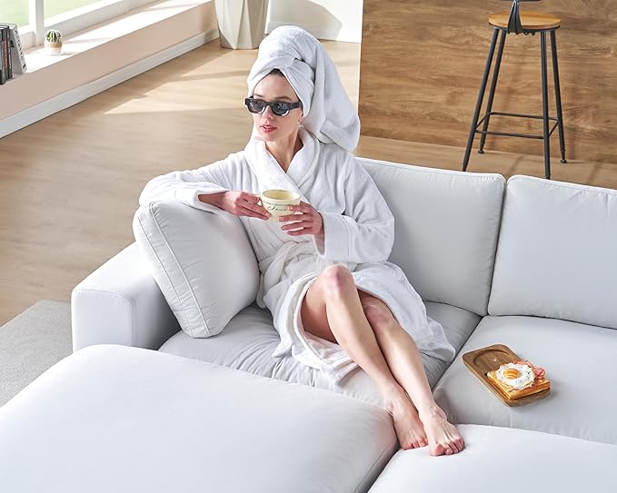 PaPaJet Modular Sectional Sofa 114 Inches Oversized Down Filled Sectional Sofa 4 Seats L Shaped Comfy Couch with Chaise Ottoman Could Sofa for Living Room White Linen Couch Set
