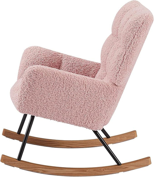 Modern Rocking Chair with High Backrest Armrests Ergonomic Design Lounge Recliner Chair for Living Room Bedroom Playroom Pink Without Soft Seat