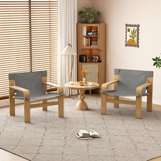 Detachable and Washable Oak Accent Chair Wide Armrest Mid-Century Lounge Chair Linen Fabric Armchair &amp Solid Wood Frame for Living Room Bedroom Balcony (White) (Dark Grey + Wood+Fabric + Oak)