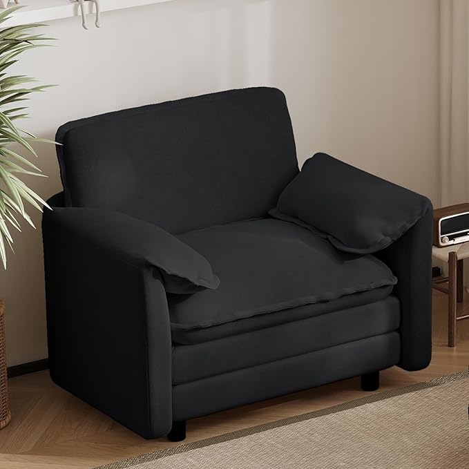 43 Oversized Chenille Single Sofa Chair Deep Seat Chaise Lounge Chair Upholstered Armchair Modern Accent Chairs for Living Room Bedroom Office Apartment Black