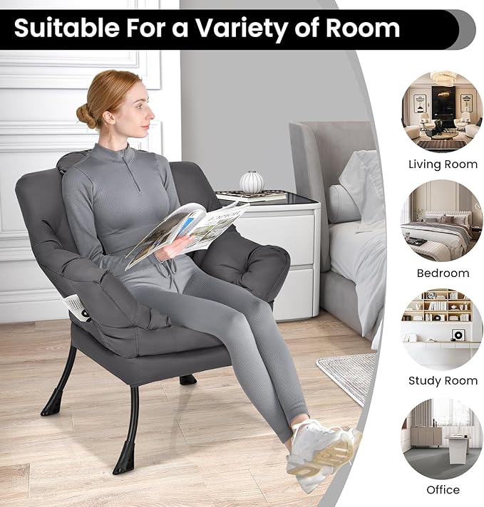 GORELAX Modern Lazy ChairUpholstered Lounge Accent Chair Single Leisure Sofa Chair with Armrests &amp Side Pocket Comfy Reading Chair for Bedroom Living Room Dorm Room (Grey)