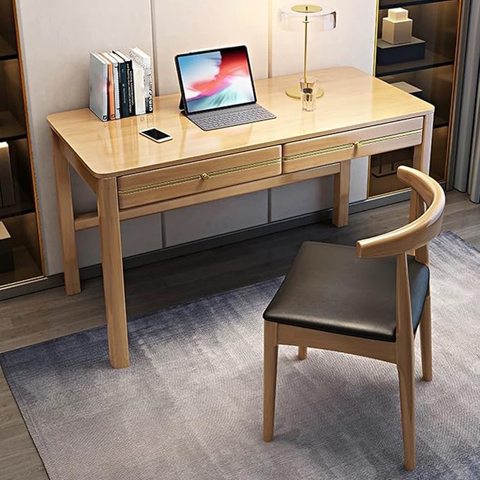 Rectangle Modern Soild Wood Writing Desk with 2 DrawersMinimalistRectangularHome Office DeskStudy TableComputer DeskSmall Spacesfor Bedroom (Khaki)