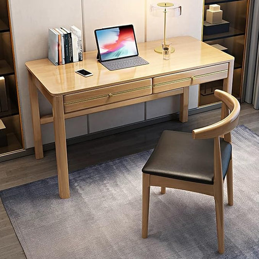 Rectangle Modern Soild Wood Writing Desk with 2 DrawersMinimalistRectangularHome Office DeskStudy TableComputer DeskSmall Spacesfor Bedroom (Khaki)