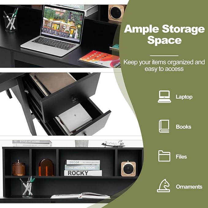 Desk with Hutch &amp Charging Station Home Office Desks with 5-Cubby Hutch 2 DrawersUSB Charging Ports &amp Power Outlets Student Desk Study Table (Black)