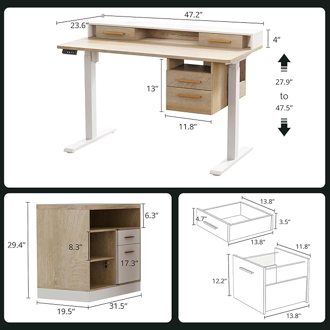 47.2'' Standing Desk with File Cabinet Height Adjustable Electric Sit Stand Desk Lateral File Cabinet Computer Workstation for Home Office Light Walnut