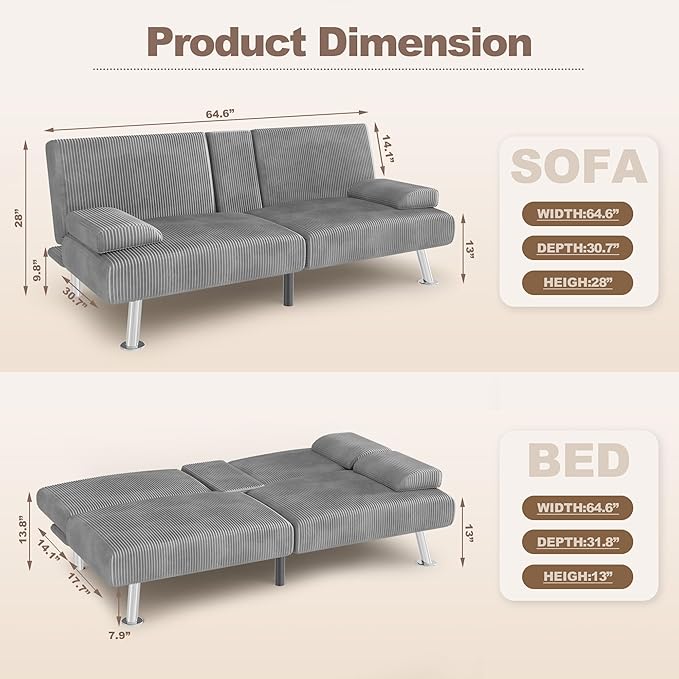 YESHOMY Futon Sofa Bed Futon Couch with Adjustable Backrest Convertible Sleeper Sofa with Removable Armrests Loveseat in Corduroy with 2 Cup Holders for Living Room Apartment (Grey)