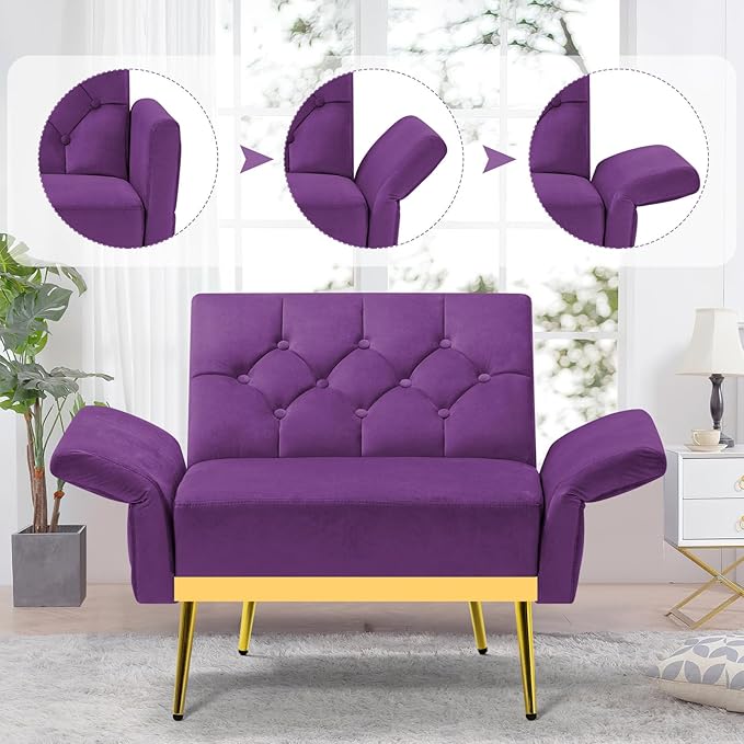 Velvet Accent Chair w/Adjustable Armrests and Backrests Tufted Single Sofa with Ottoman Upholstered Reading Chiar for Living Room Apartment Bedroom Purple