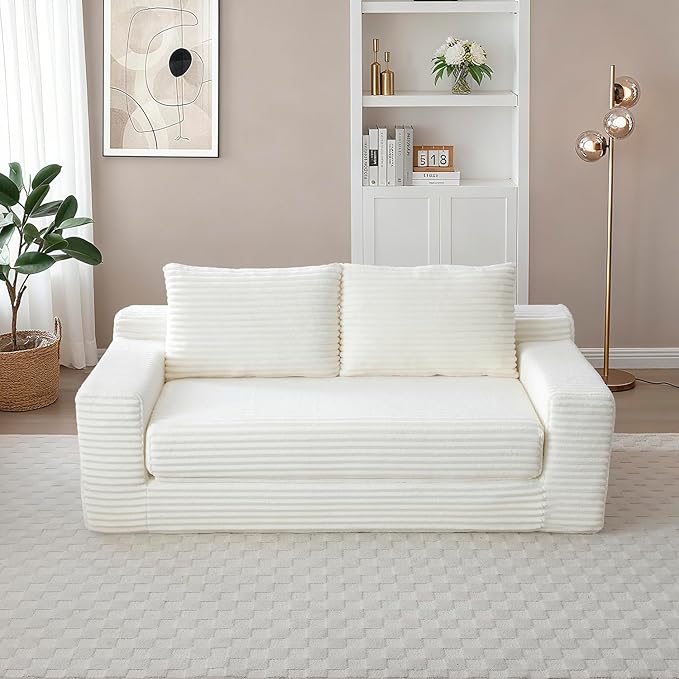 73 Memory Foam Cloud Loveseat Sofa 2 in 1 Convertible Folding Couch Bed Compressed Corduroy Floor Lounge Sofa No Assembly for Apartment Office Bedroom Living Room (Beige)