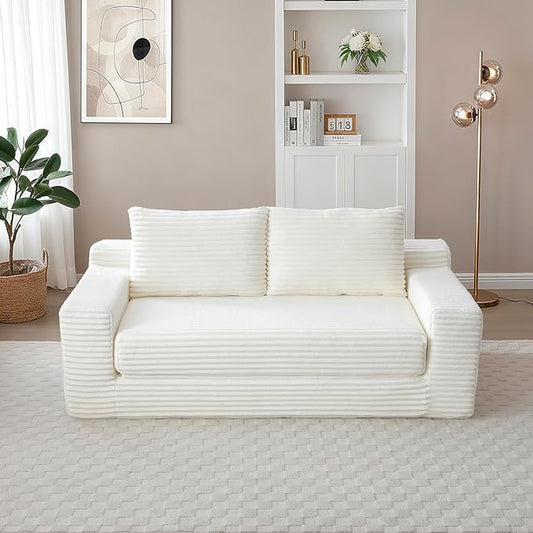 73 Memory Foam Cloud Loveseat Sofa 2 in 1 Convertible Folding Couch Bed Compressed Corduroy Floor Lounge Sofa No Assembly for Apartment Office Bedroom Living Room (Beige)